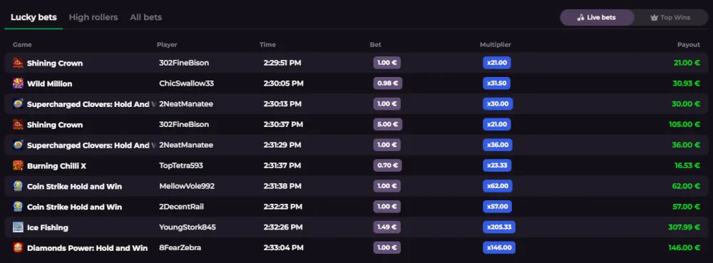 Mesa de apuestas afortunadas de Rocky Spin en vivo y tabla de ganadores recientes